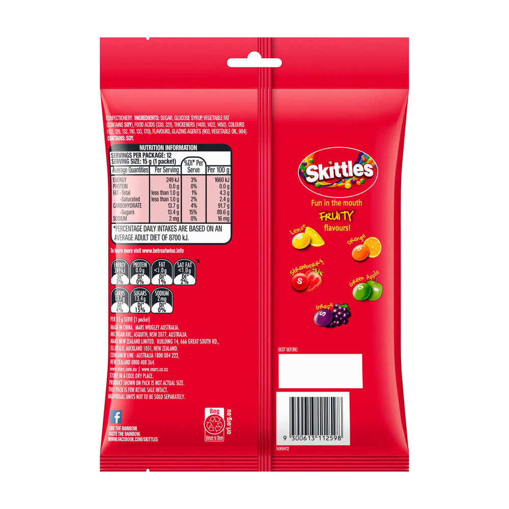 Skittles Fruits Chewy Lollies Party Share Bag - 180g